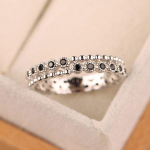 Vintage wedding band ring,sterling silver thin stacking ring,unique black spinel beaded band ring image 1