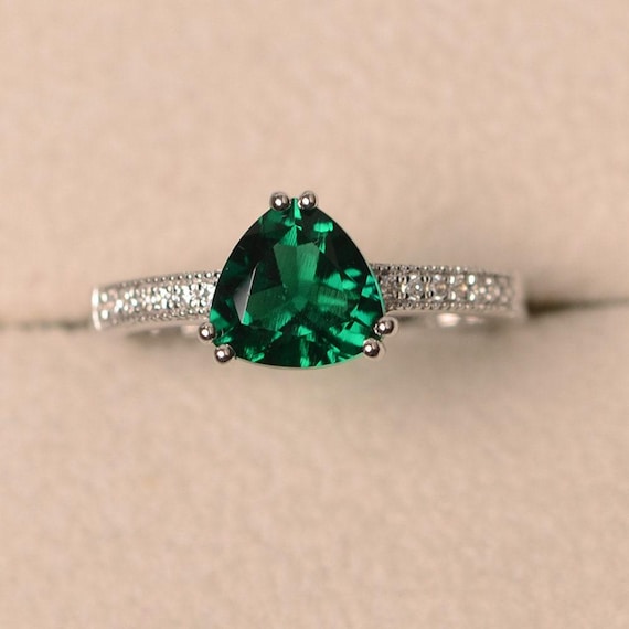 Lab emerald ring, trillion cut engagement ring, sterling silver
