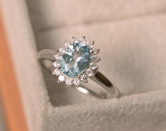 Genuine aquamarine ring, oval cut aquamarine, March birthstone ring, sterling silver,