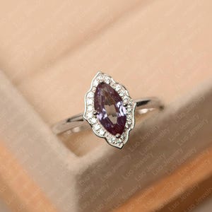 Lab alexandrite ring, white gold, marquise cut, engagement ring, June birthstone, color changling gems ring