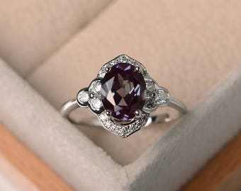 Alexandrite engagement ring, oval cut, color changing gemstone ring ,sterling silver, June birthstone