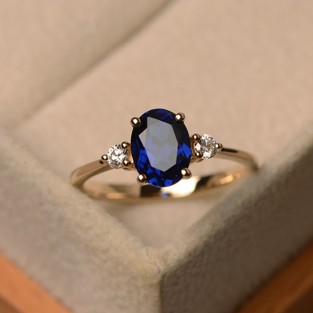 Blue Apphire Ring ,14k Solid Yellow Gold, Oval Cut, September ...