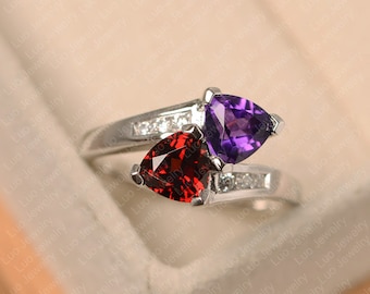 amethyst garnet ring, white gold, engagement ring, trillion cut birthstone ring,