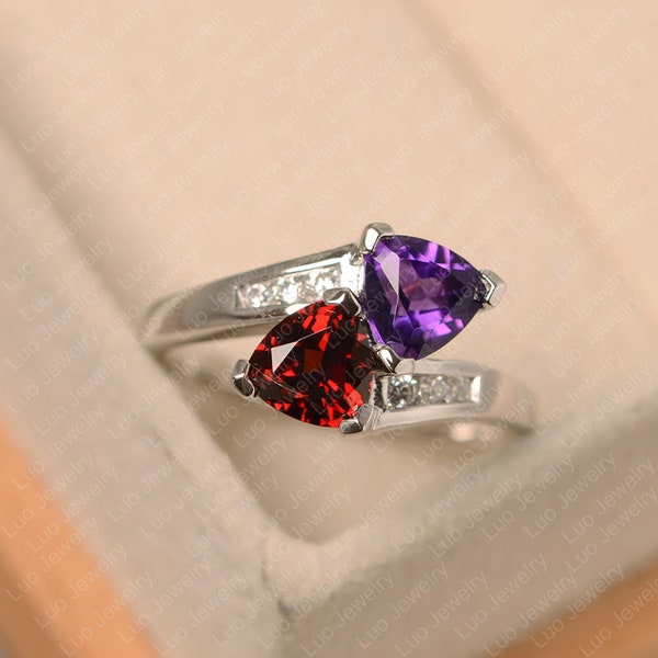 amethyst garnet ring, white gold, engagement ring, trillion cut birthstone ring,