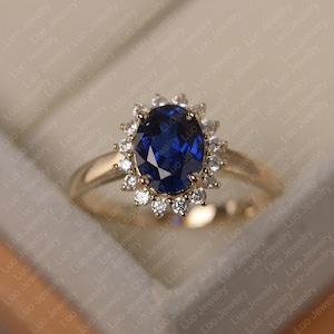Blue sapphire ring, oval cut September birthstone, yellow gold engagement ring for engagement ring