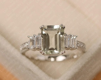 Green amethyst ring, emerald cut, sterling silver, engagement ring for women