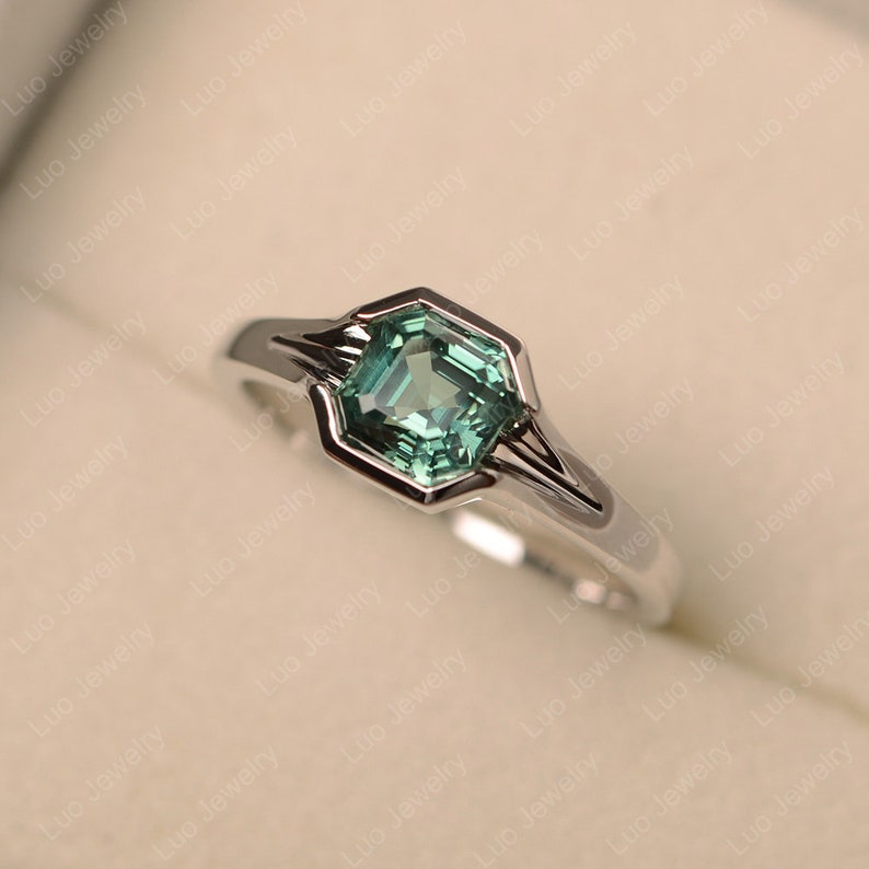 Green Sapphire Ring Asscher Cut White Gold Engagement Ring Etsy