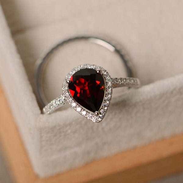 Garnet ring, pear shaped engagement ring, sterling silver, January birthstone,ring sets