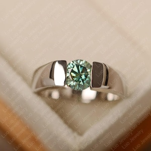 Green moissanite ring, round cut, white gold, solitaire engagement ring for women