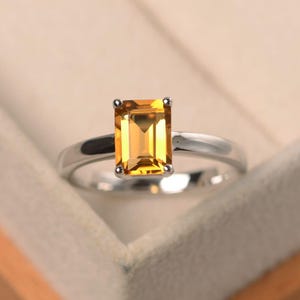Yellow citrine ring, emerald cut yellow gemstone, silver solitaire ring, November birthstone, elegant ring for women