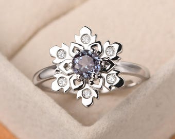 Color changing Alexandrite ring,sterling silver June birthstone ring,unique snowflake ring