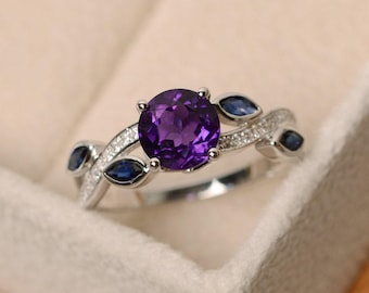 Amethyst ring, leaf ring, multistone ring, sterling silver, purple gemstone ring, amethyst engagement ring