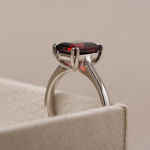 Rectangle garnet shops bridal ring, emerald cut sterling silver, January birthstone ring