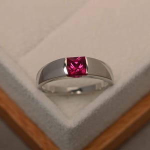 Bague rubis, bague de fiançailles de mariage, bague solitaire, pierre précieuse rouge, taille princesse, argent sterling