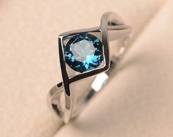 Real London blue topaz ring, promise rings, round cut blue gems, solid white gold , Solitaire ring, November birthstone