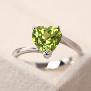 Unique August birthstone ring, delicate heart shaped 2.04 carat peridot anniversary ring