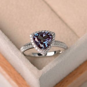 Halo ring, trillion cut,alexandrite wedding ring, sterling silver, June birthstone,