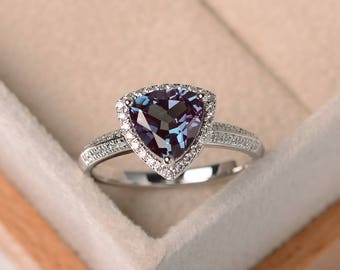 Halo ring, trillion cut,alexandrite wedding ring, sterling silver, June birthstone,