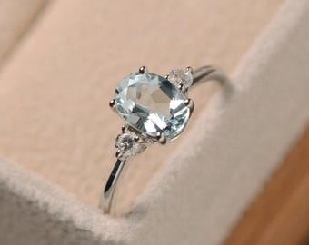 Aquamarine ring, sterling silver, oval cut, March birthstone,light blue stone,slim ring, gift for mom