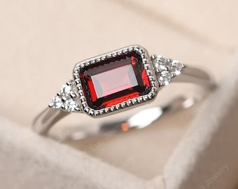 Dainty garnet engagement ring, emerald cut east west milgrain ring, January birthstone