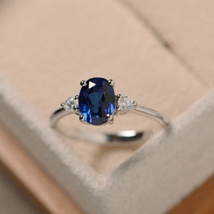 Sapphire engagement silver ring ,oval cut blue gemstone,gift for mom,September birthstone