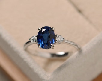 Sapphire engagement silver ring ,oval cut blue gemstone,gift for mom,September birthstone