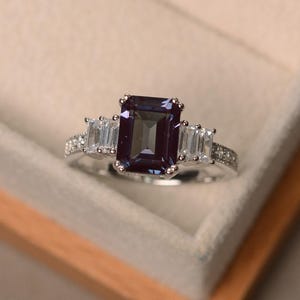 Lab alexandrite ring, wedding ring, emerald cut gemstone, sterling silver ring, June birthstone
