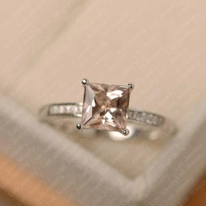 Morganite ring,princess cut, pink gems ring, sterling silver, engagement irng for women