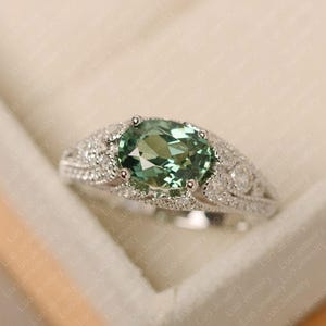 Lab green sapphire ring, green stone ring, oval cut, white gold, wedding ring for women