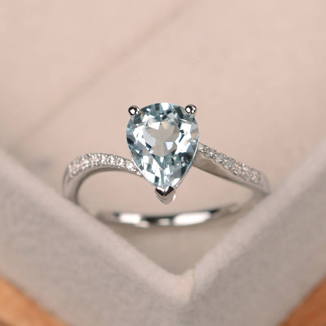 Genuine Aquamarine Ring Pear Cut Engagement Ring Gemstone - Etsy