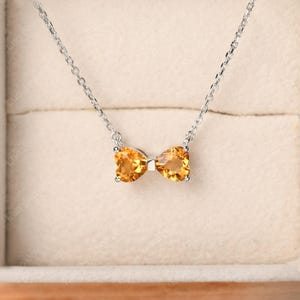 Delicate citrine pendant necklace,double heart bridesmaid pendant, November birthstone necklace,Valentine&#39;s gifts