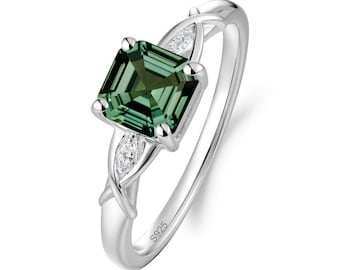 Green sapphire ring, asscher cut, white gold engagement ring, Infinity ring, green stone wedding promise ring, Christmas ring gift for her