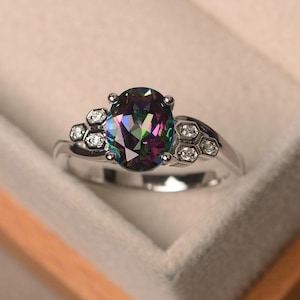 Mystic topaz ring, rainbow topaz ring, oval cut, promise ring, anniversary gift, sterling silver ring