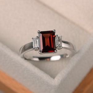 Natural garnet ring, promise ring, emerald cut gemstone, January birthstone, sterling silver ring