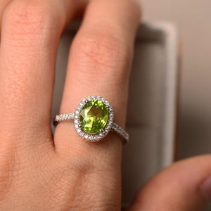 Peridot ring, halo engagement ring, natural peridot, oval cut peridot ring image 4