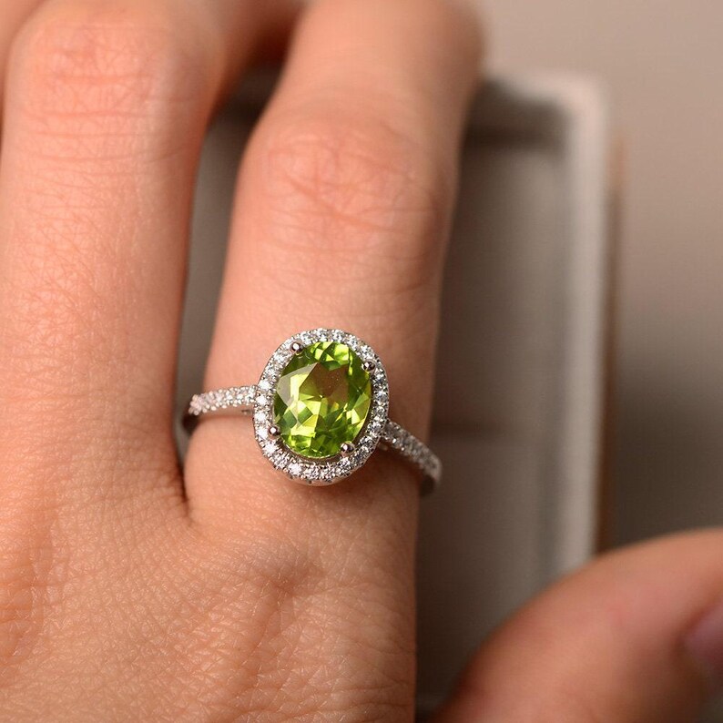 Peridot ring, halo engagement ring, natural peridot, oval cut peridot ring image 4