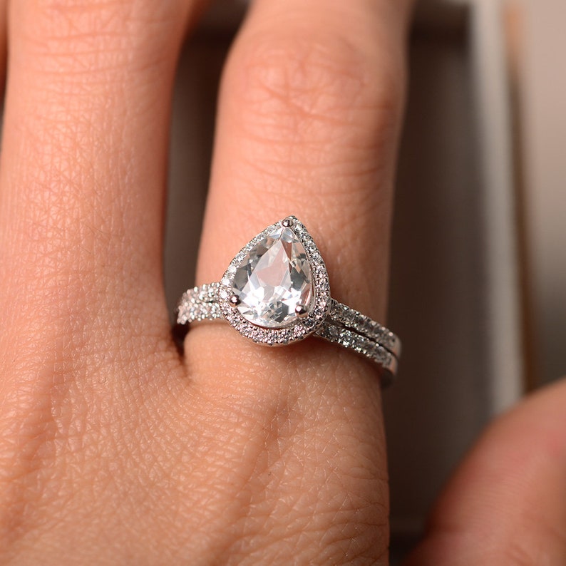 White topaz engagement ring pear cut sterling silver Etsy