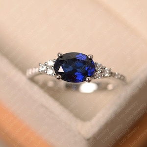 Sapphire ring, oval cut, September birthstone, blue stone ring, sterling silver engagement ring