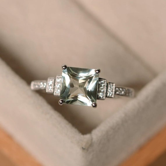 Green amethyst ring, princess cut, engagement ring, silver, green gemstone, promise ring