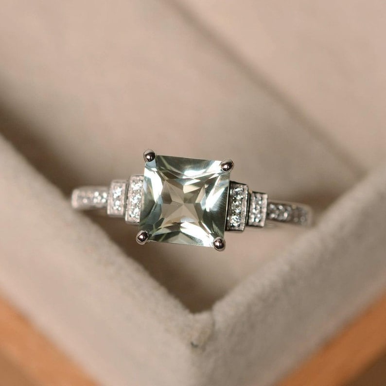 Green amethyst ring, princess cut, engagement ring, silver, green gemstone, promise ring image 1