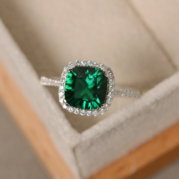 Emerald engagement ring, sterling silver, cushion cut, emerald gemstone ring