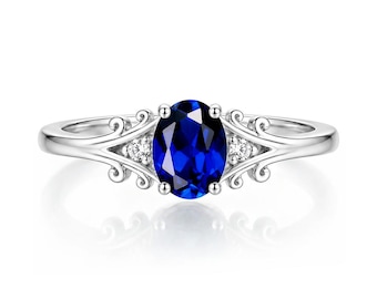 Vintage Oval Cut Green Sapphire Engagement Ring Engraved Vine Scroll Ring Promise Ring for Her