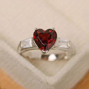 Red garnet ring, heart cut, January birthstone ring, sterling silver, engagement ring