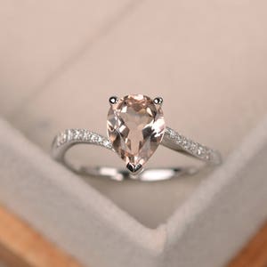 Natural morganite engagement ring, pear shaped ring, gemstone ring silver