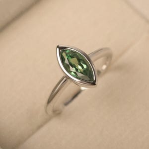Green sapphire cocktail ring, sterling silver, bezel set, marquise cut minimalist ring
