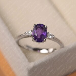 Purple amethyst ring, oval cut February birthstone ring, white gold engagement ring for women