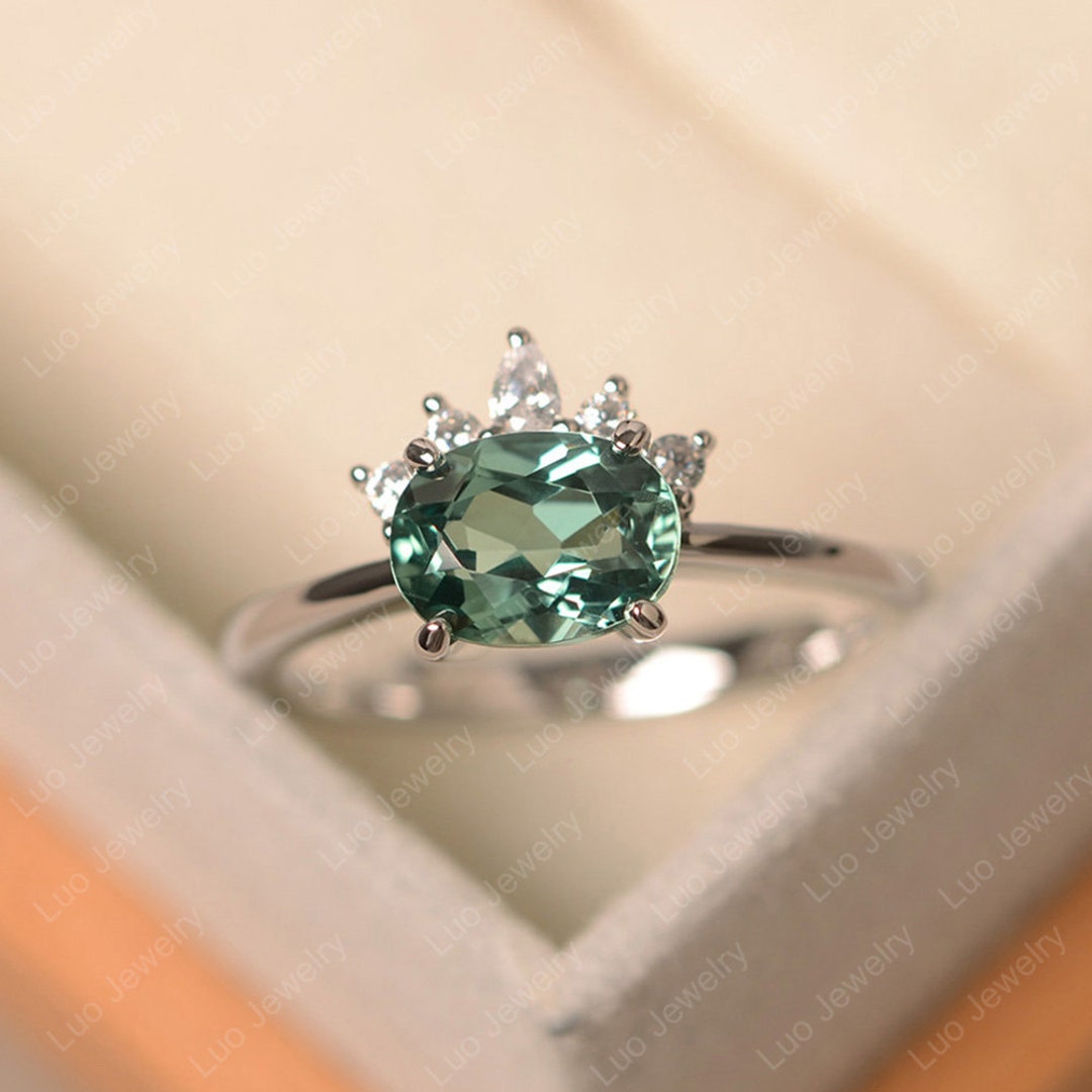 Green Sapphire Ring, Sterling Silver, Anniversary Ring for Women, Oval ...