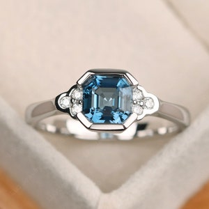 Asscher cut London blue topaz promise ring, solid sterling silver, November birthstone ring