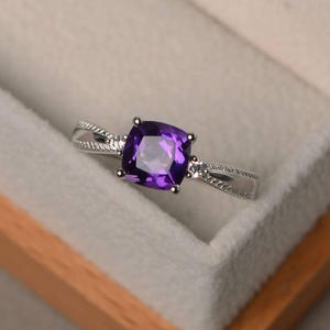 Amethsyt ring, cushion cut, sterling silver, engagement ring for women, February birthstone ring