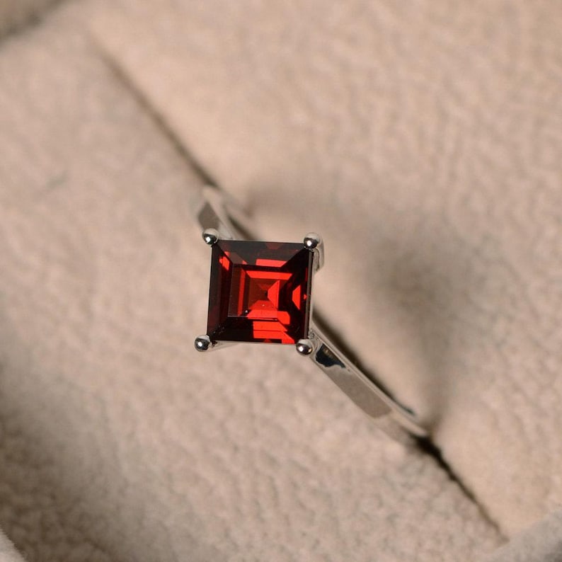 Garnet ring, square cut, silver, solitaire ring, January birthstone, image 2